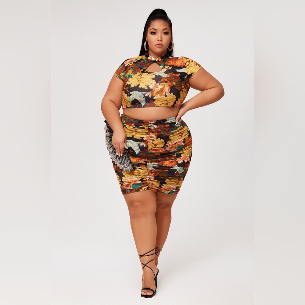 Floral Print Ruched Top and Skirt Set